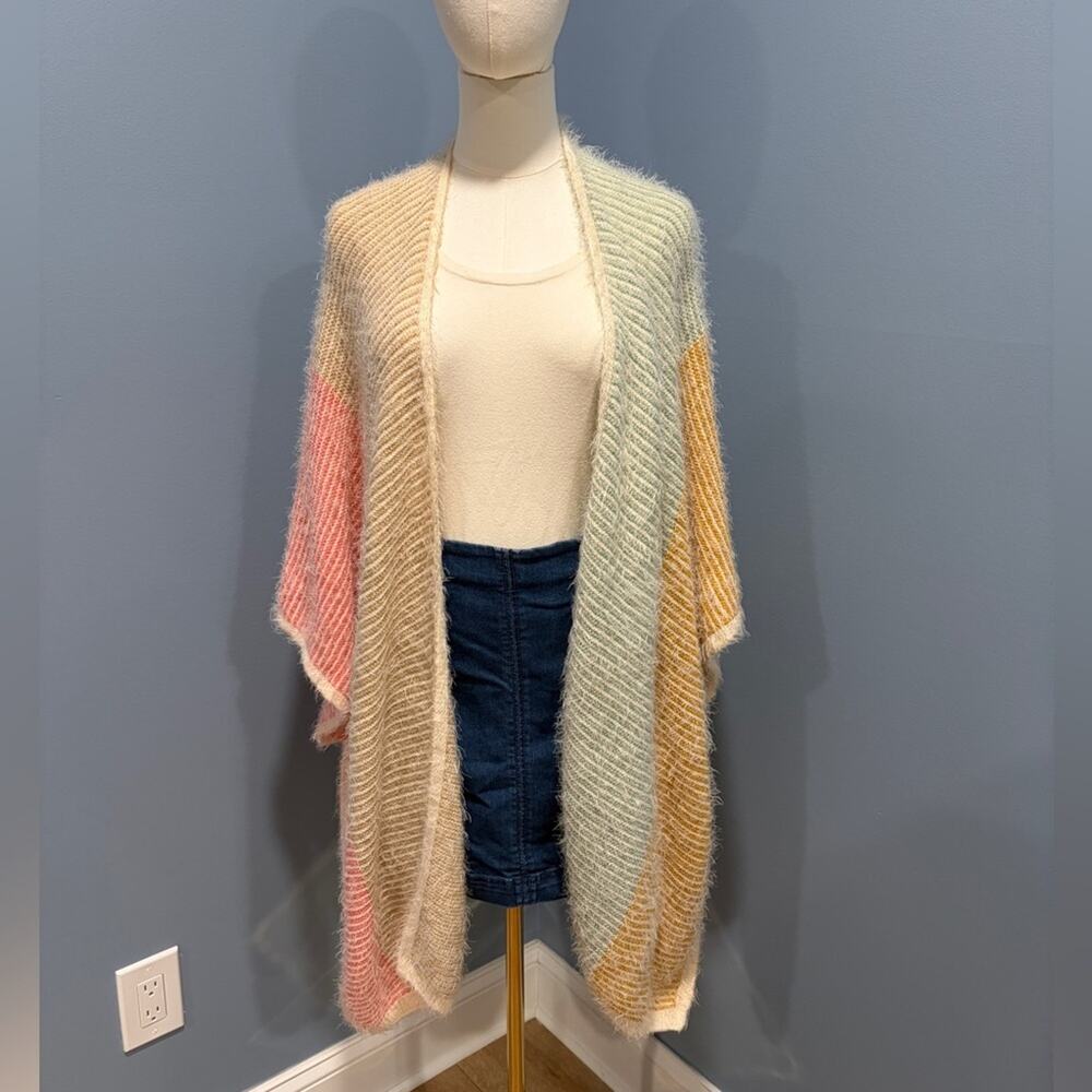 House of Harlow 1960 Colorblock Striped Fuzzy Knit Open Cardigan